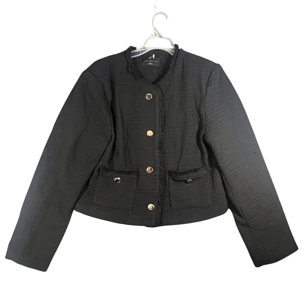 IRIS Women's Black‎ Tweed Boucle Jacket Gold Buttons Frayed Trim Size L